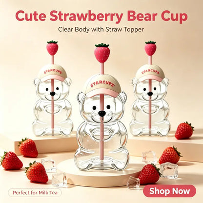 Pinking Bear Straw Cup Glass Bear Cup with Lids and Straws Cute Coffee Mugs 20Oz Drinking Water Bottle Reusable Party Mug for Milk Tea, and Cocktails, Dishwasher Safe