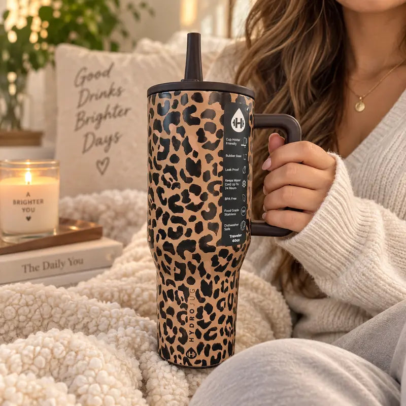 Traveler 40Oz Brown Leopard Print Tumbler – Insulated Stainless Steel Water Bottle with Handle, Flip Straw Lid, Leak-Resistant, Keeps Cold up to 24 Hours, Cup Holder Friendly