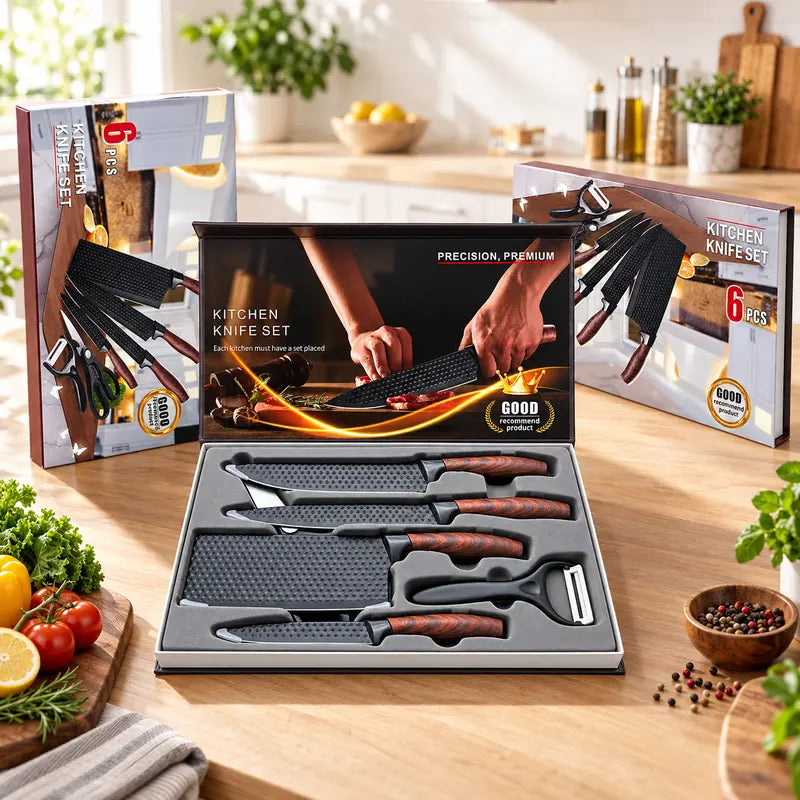 6 Piece Kitchen Knife Set, ABS Wood Grain Handle, Non-Stick Hammered Blade, Professional Kitchen Knives for Home Cooking