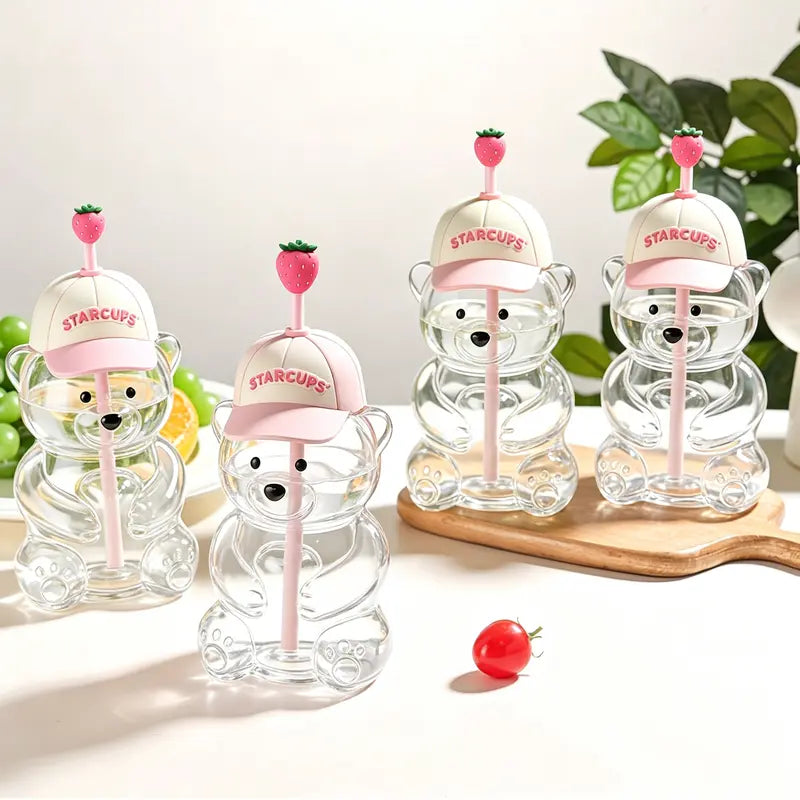 Pinking Bear Straw Cup Glass Bear Cup with Lids and Straws Cute Coffee Mugs 20Oz Drinking Water Bottle Reusable Party Mug for Milk Tea, and Cocktails, Dishwasher Safe