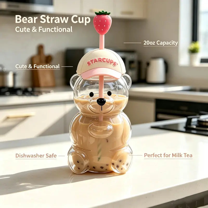 Pinking Bear Straw Cup Glass Bear Cup with Lids and Straws Cute Coffee Mugs 20Oz Drinking Water Bottle Reusable Party Mug for Milk Tea, and Cocktails, Dishwasher Safe