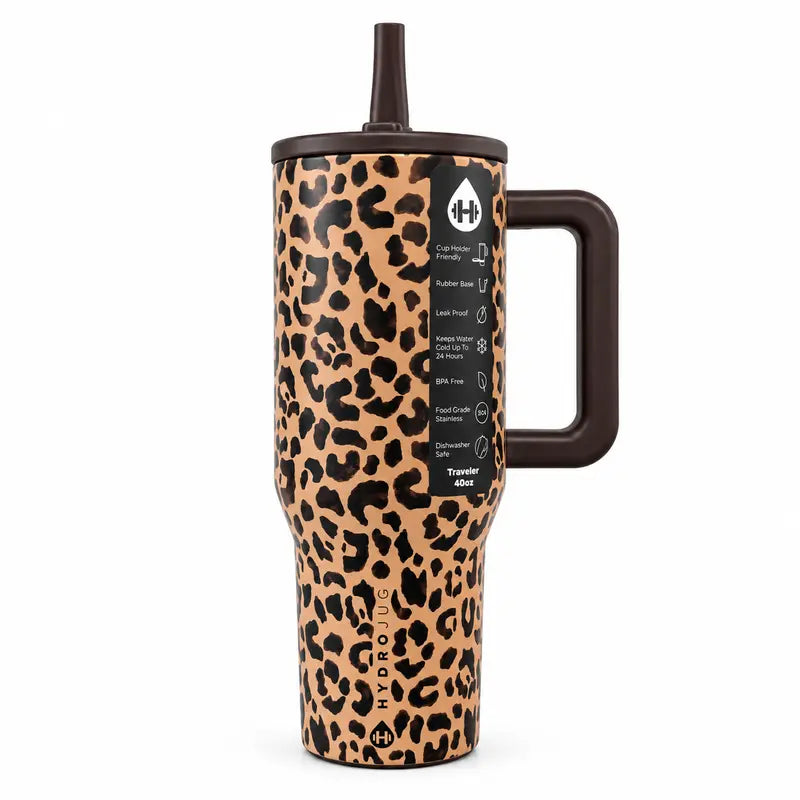 Traveler 40Oz Brown Leopard Print Tumbler – Insulated Stainless Steel Water Bottle with Handle, Flip Straw Lid, Leak-Resistant, Keeps Cold up to 24 Hours, Cup Holder Friendly