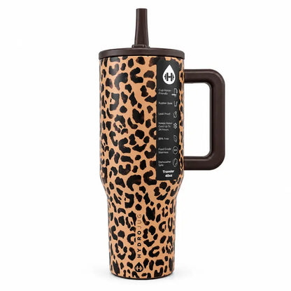Traveler 40Oz Brown Leopard Print Tumbler – Insulated Stainless Steel Water Bottle with Handle, Flip Straw Lid, Leak-Resistant, Keeps Cold up to 24 Hours, Cup Holder Friendly