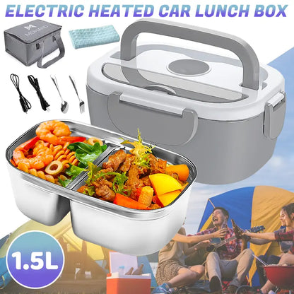 Electric Heated Lunch Box, 60W Fast Heating, 1.5L Food-Grade 304 Stainless Steel, 12V/24V/110V Portable Food Warmer for Car Truck Office Adults, Lonchera Electrica Portatil