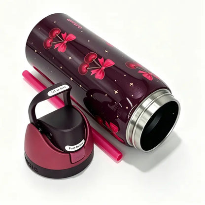 Owala 32Oz Stainless Steel Freesip Special Edition Insulated Leakproof Water Bottle - Cherry & Bow Deep Red Print, Black Push Lid with Straw, Vacuum Drinkware