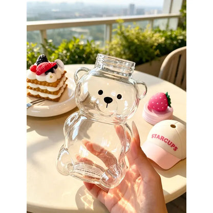 Pinking Bear Straw Cup Glass Bear Cup with Lids and Straws Cute Coffee Mugs 20Oz Drinking Water Bottle Reusable Party Mug for Milk Tea, and Cocktails, Dishwasher Safe