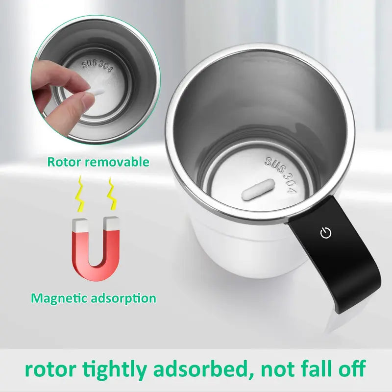 13Oz Compact Smart Magnetic Auto-Stir Coffee Mug - Button Control, Real-Time Temp Display, 304 Stainless Steel Body, Anti-Scalding Reusable Washable Tumbler for Office, Home Use (White), Reuse