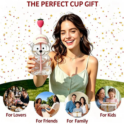 Pinking Bear Straw Cup Glass Bear Cup with Lids and Straws Cute Coffee Mugs 20Oz Drinking Water Bottle Reusable Party Mug for Milk Tea, and Cocktails, Dishwasher Safe