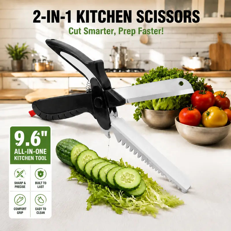 9.5In 2-In-1 Kitchen Scissors with Stainless Steel Blade, Plastic Cutting Board and Safety Lock - Multi-Functional Kitchen Utensil for Soft Vegetables, Cheese, Fruit Cutting