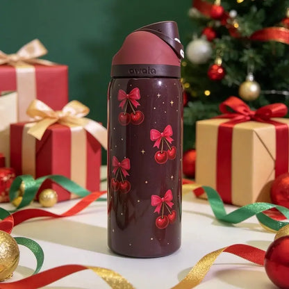 Owala 32Oz Stainless Steel Freesip Special Edition Insulated Leakproof Water Bottle - Cherry & Bow Deep Red Print, Black Push Lid with Straw, Vacuum Drinkware