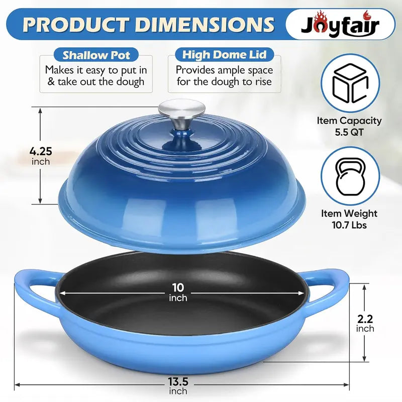 Dutch Oven for Bread Baking, Joyfair Enameled Cast Iron Pot with Lid | Heavy Duty 10" Sourdough Bake Pan with Dome Lid, Even Heat, 500 ℉ Oven-Safe, Kitchen Bakeware for Slow-Cooking Roasting, 5.5QT