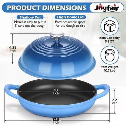 Dutch Oven for Bread Baking, Joyfair Enameled Cast Iron Pot with Lid | Heavy Duty 10" Sourdough Bake Pan with Dome Lid, Even Heat, 500 ℉ Oven-Safe, Kitchen Bakeware for Slow-Cooking Roasting, 5.5QT