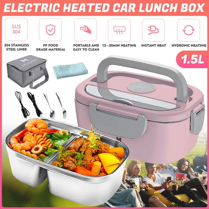 Electric Heated Lunch Box, 60W Fast Heating, 1.5L Food-Grade 304 Stainless Steel, 12V/24V/110V Portable Food Warmer for Car Truck Office Adults, Lonchera Electrica Portatil