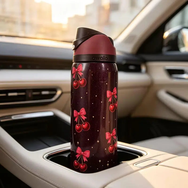 Owala 32Oz Stainless Steel Freesip Special Edition Insulated Leakproof Water Bottle - Cherry & Bow Deep Red Print, Black Push Lid with Straw, Vacuum Drinkware