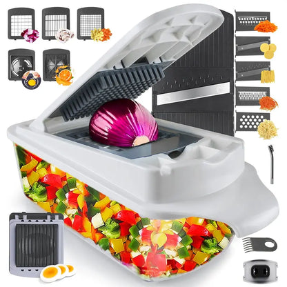 Multi-Use Fruit & Vegetable Chopper, 22-In-1 Durable Stainless Steel Kitchen Utensil with 8 Interchangeable Smooth Blades, ABS Body, Large Capacity Container, Grater, Peeler, Efficient Cutting & Easy to Use