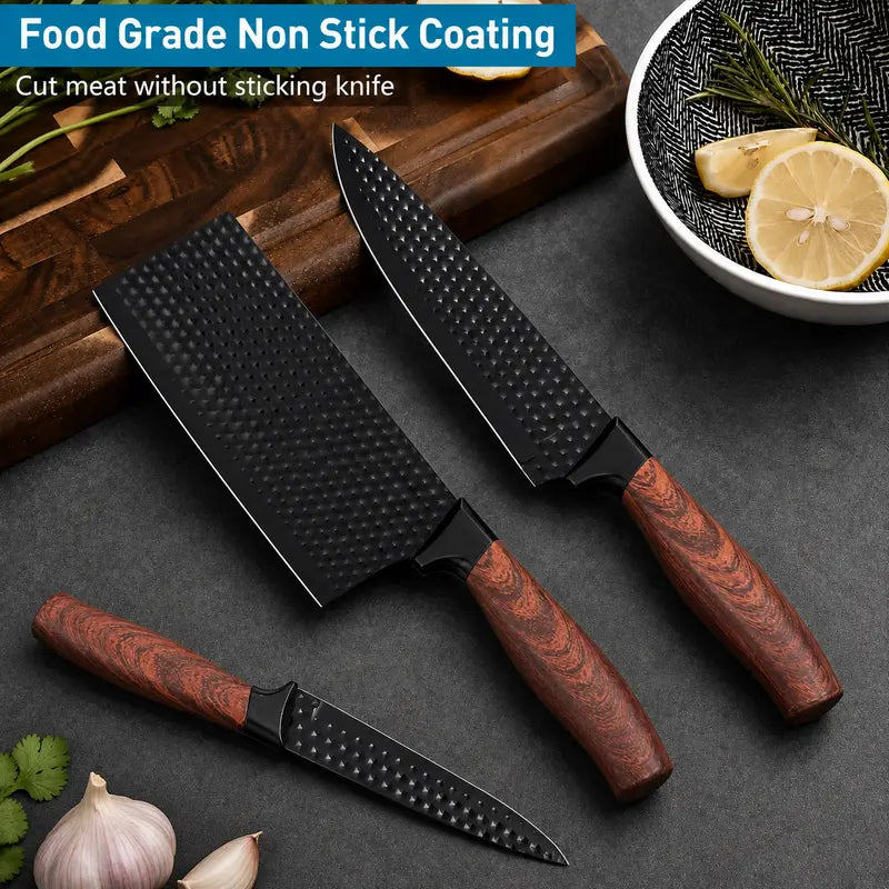 6 Piece Kitchen Knife Set, ABS Wood Grain Handle, Non-Stick Hammered Blade, Professional Kitchen Knives for Home Cooking